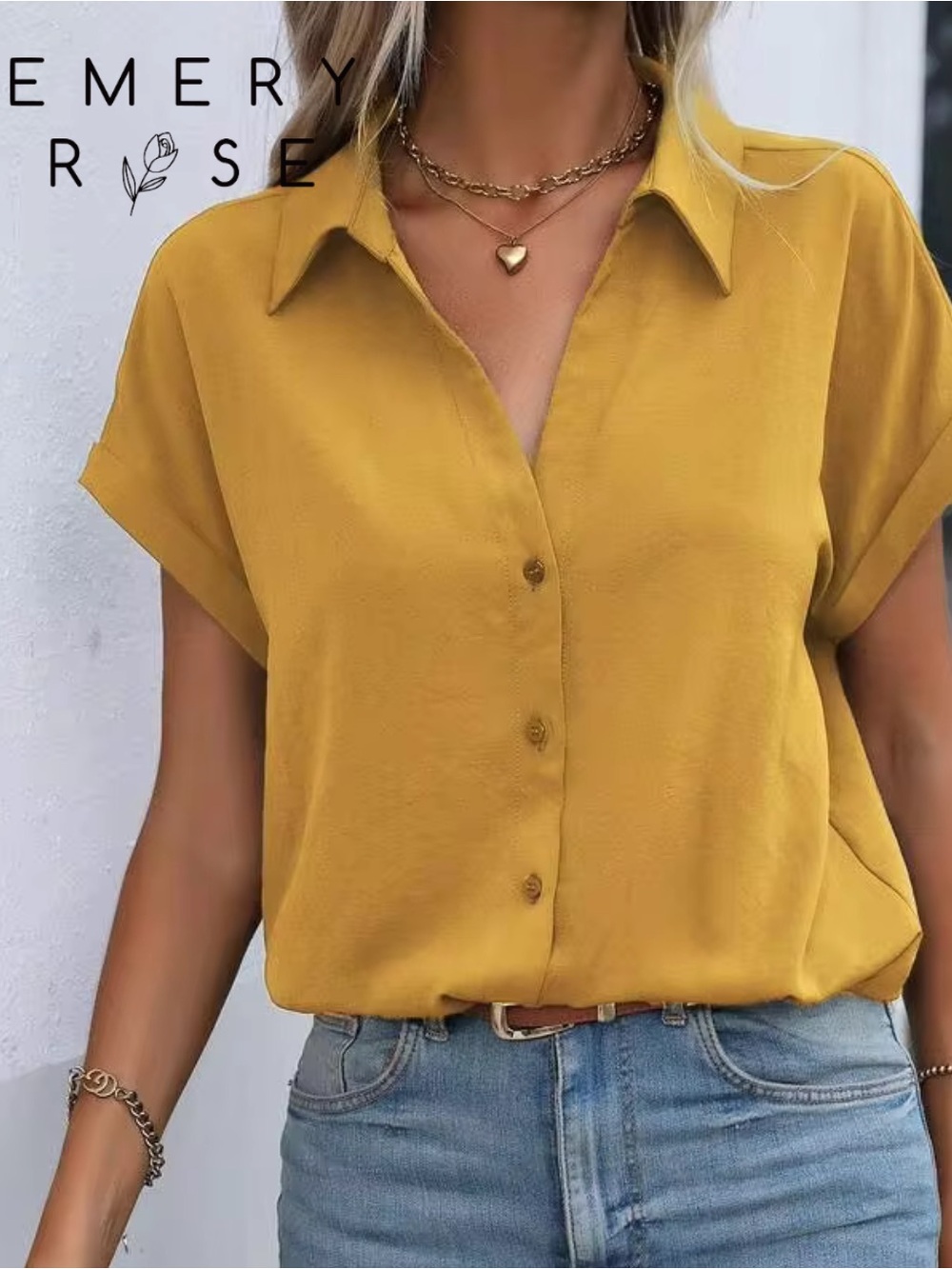 Emery Rose Crinkle mustard button-down blouse Size 3X